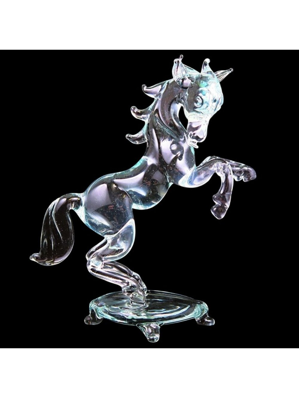 Vintage Art Glass Rearing Horse Figurine – Clear with Blue‑Green Tint, 6 Inches